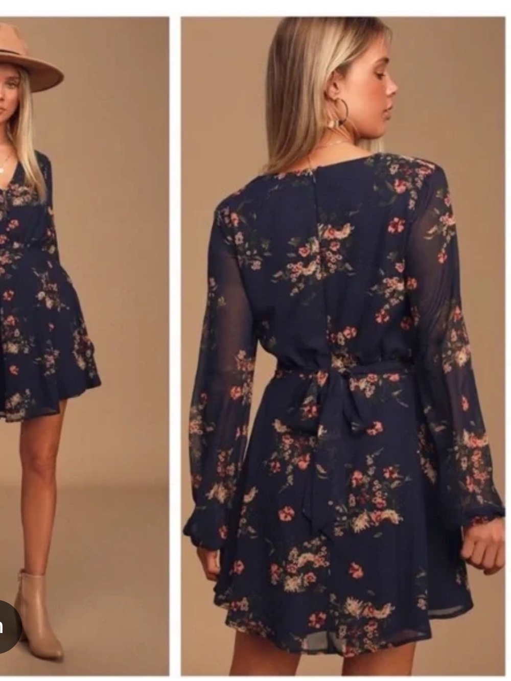 Lulus Navy Floral Long Sleeve Skater Dress Size Medium NWT - Picture 2 of 7